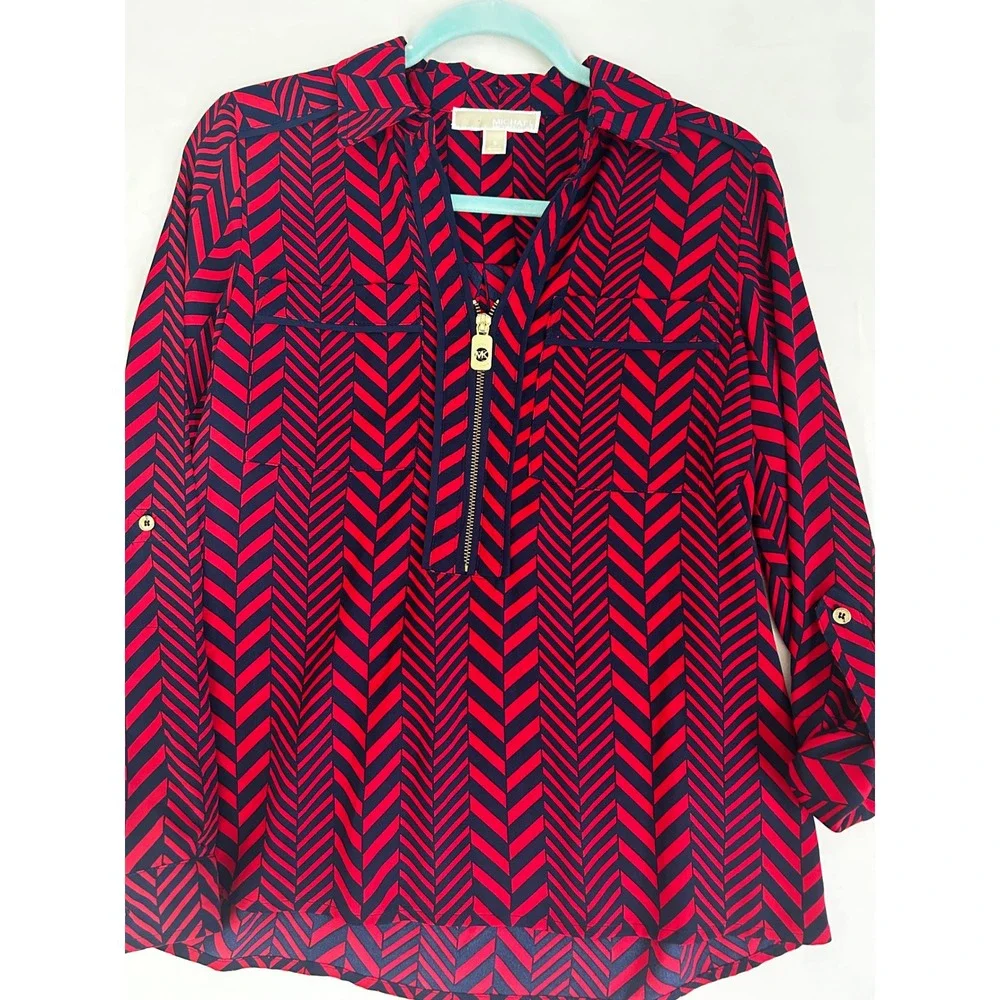 Michael Michael Kors Red Navy‎ Chevron Half Zip Roll Tab Sleeve Blouse Small